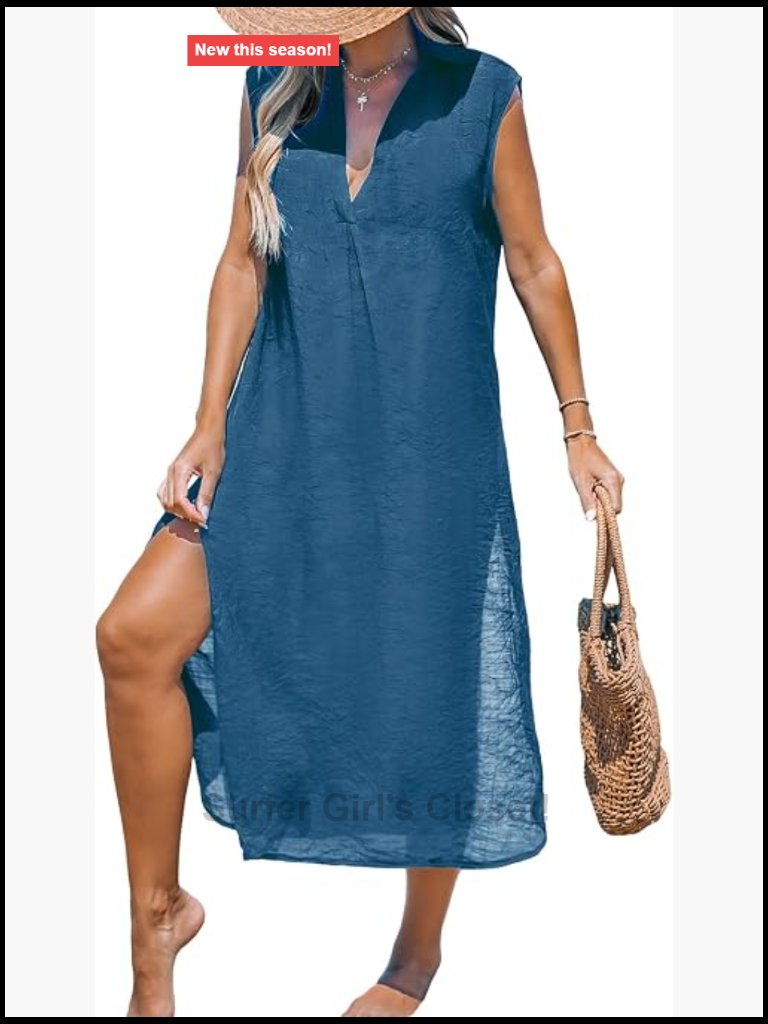 Sleeveless V Neck Midi Beach Dress Side Slit Swimsuit Coverup